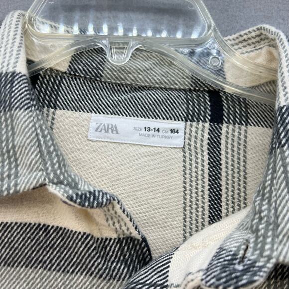 Zara Button Down Top Women's Size 13/14 Beige Plaid Woven Long Sleeve Flannel - Picture 6 of 10
